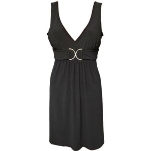 Vintage Y2K Taboo Black Mini Dress L Rhinestone Belt Sleeveless Deep V Party